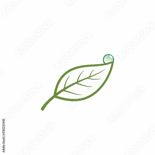 Minimalist Green Leaf with Dewdrop Illustration on White Background.