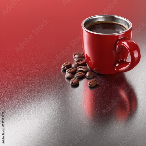 Red mug filled with coffee on a metallic surface. Beans nearby for a morning break