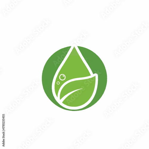 Green water drop with leaf inside green circle represents nature.