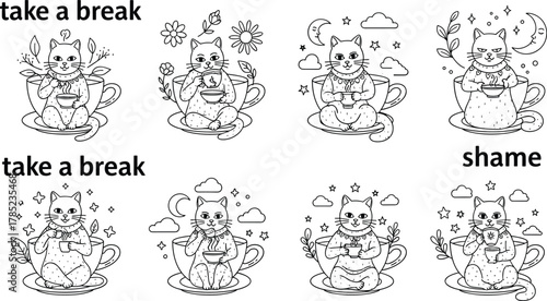 Cute cat relaxing in teacup, cozy coloring page illustration with flowers, stars, moon, mindfulness, calm break and relaxation theme