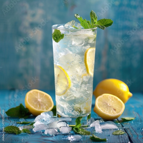 Refreshing lemon beverage on rustic wood with ice, mint, and lemons, for advertising
