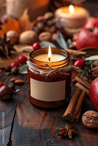 Lit Candle on Wood Table surrounded by Harvest Items; lifestyle, decor, fall