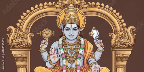 Sacred Lord Balaji with Temple Background and Ornamental Details