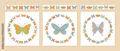 Groovy retro seamless butterfly border pattern set. Colorful doodle set with flower frame, artful border and playful y2k graphic. Collection of bright seamless ideal for modern pattern projects.