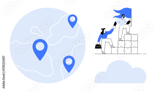 People working together to achieve goals on stacked blocks with global map pins linking locations. Ideal for teamwork, success, leadership, collaboration, global connectivity, achievement