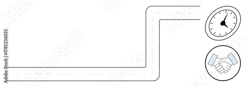 Curved road pointing to a clock and handshake icon, representing journey, time, and partnership. Ideal for teamwork, deadlines, goal setting, business strategy, time management agreements simple