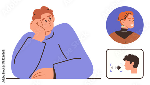 Thoughtful man resting head on hand, digital portrait of a woman, speech-to-text graphic representation. Ideal for communication, technology, remote connection, self-reflection, creativity, AI