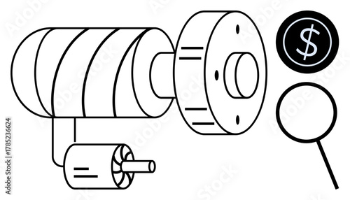 Mechanical turbine with a rotor connected to a motor, accompanied by a dollar sign and magnifying glass. Ideal for finance, energy efficiency, engineering, manufacturing, cost analysis, industrial
