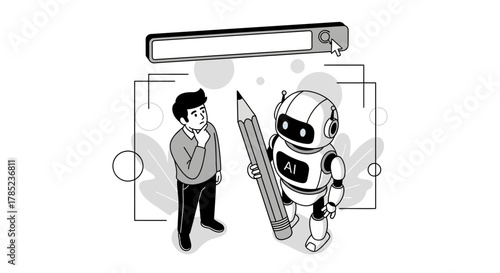 ai assistant helping human with search a thoughtful man looks at a robot holding a pencil concept of artificial intelligence tools for innovation