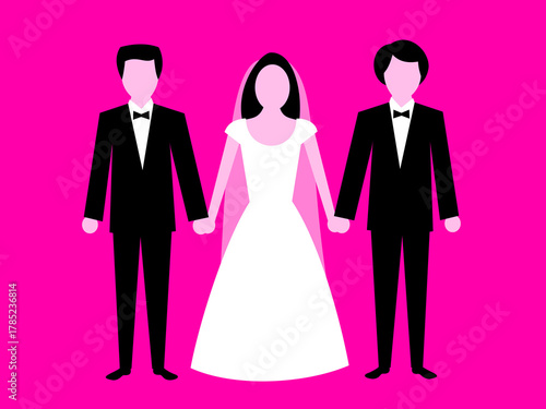 Polygamy and polyandry - one woman and female is married to multiple males and men. Bride is choosing between two rival grooms and announcement of winner. Adultery and infidelity. Vector illustration.