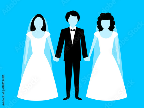 Polygamy and polygyny - one man and male is married to multiple females and women. Groom is choosing between two rival brides and announcement of winner. Adultery and infidelity. Vector illustration.