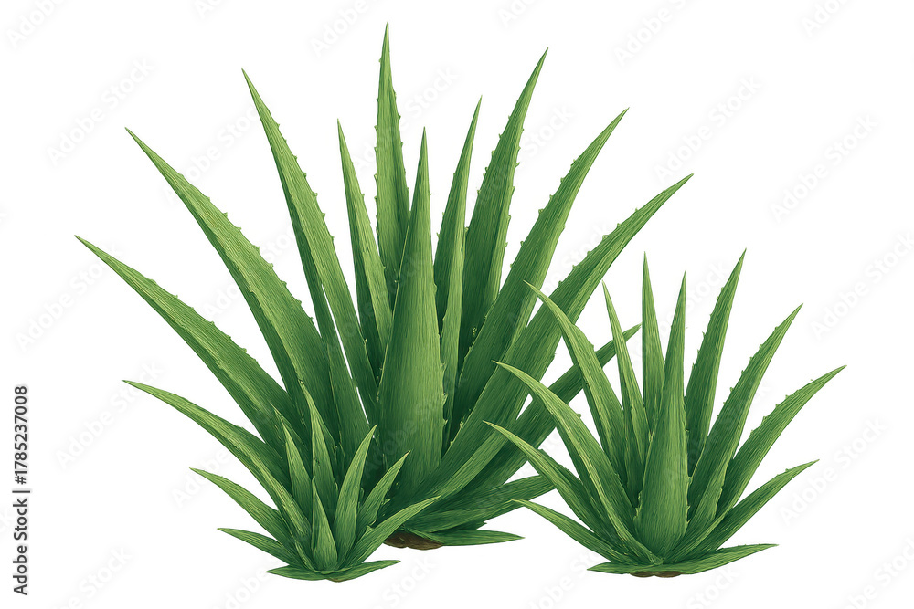 Fototapeta premium Aloe vera plants growing, showing succulent leaves, natural herbal medicine, botany, health, and cosmetic benefits illustration