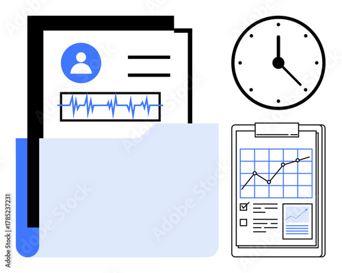 Open folder holding medical records, clock showing time, clipboard with progress chart. Ideal for healthcare, time management, data analysis, organization, patient care, productivity simple flat