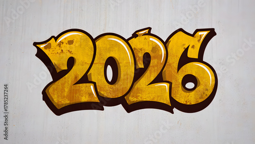 Urban graffiti style 2026 text on a weathered concrete wall