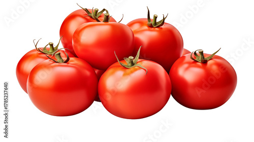 A vibrant pile of ripe red tomatoes isolated on transparent background, showcasing their smooth skin and green stems, ready to be used in cooking