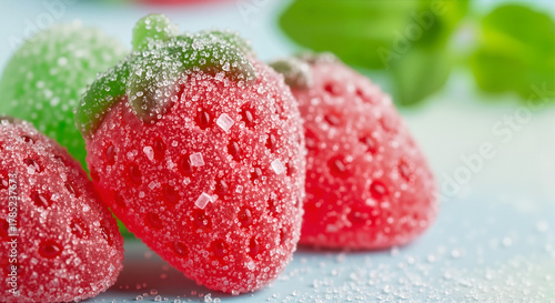 Colorful gummy candy strawberries on blue background with mint leaves - Fruits made from gummy candies