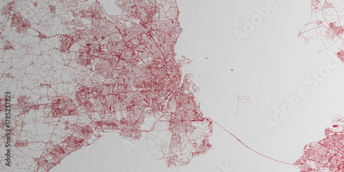 Photography Copenhagen (Denmark) street map. The style of the map is red ink