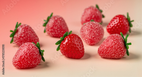 Gummy candy strawberries arranged on a pink background - Fruits made from gummy candies