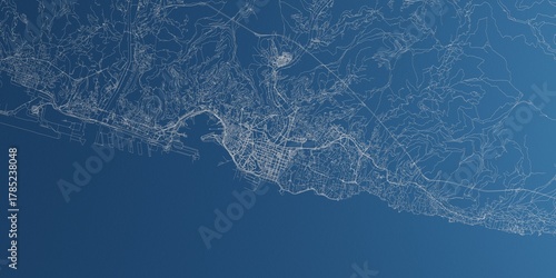 Genoa (Italy) street map. The style of the map is blue paper