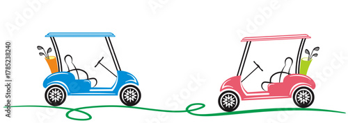 Illustration of two pink and blue golf carts, golf course vector image