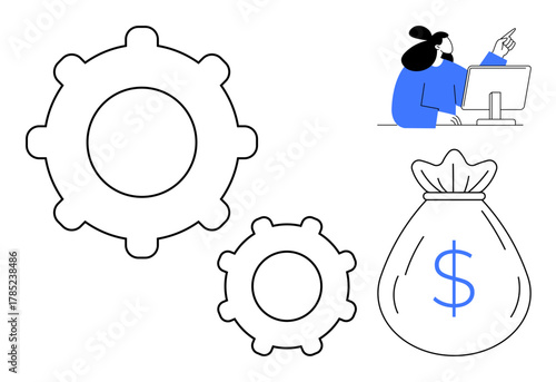 Businesswoman using a desktop computer, analyzing gears for workflow optimization and money bag for financial growth. Ideal for finance, productivity, economy, planning, innovation, entrepreneurship