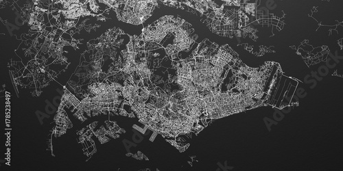 Singapore () street map. The style of the map is black paper