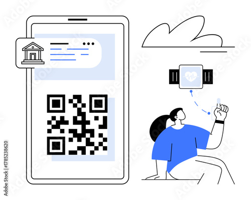 Mobile screen displaying QR code with bank-related data and a smartwatch syncing health data. Ideal for digital payments, online banking, wearable tech, mobile apps, healthcare, technology