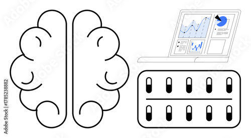 Brain outline, laptop with graphs and reports, pill tablets. Ideal for AI, healthcare, neuropharmacology, technology, research innovation medical science. Minimalist simple flat metaphor