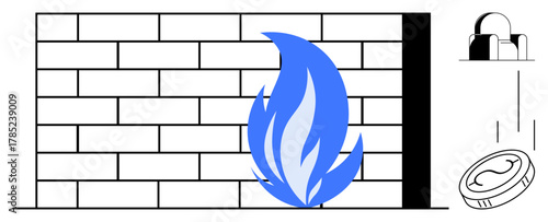 Brick wall with blue flame symbolizes natural gas, plant silhouette signifies industrial energy use, and coin depicts economic aspects. Ideal for energy, economy, industry, costs, sustainability