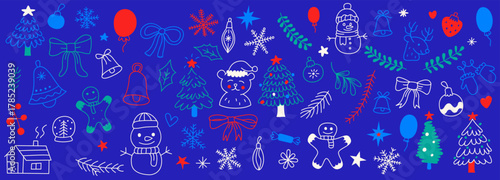 Vector festive collection of hand-drawn Christmas doodles for holiday wallpapers, gift wrap, greeting cards, seasonal projects, package