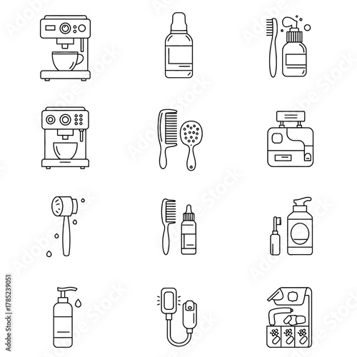 Beauty tools line icons set displaying personal care equipment and bathroom accessories for hygiene products  morning routine ideal for web design
