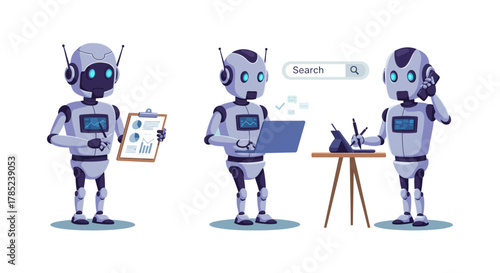 ai assistant robots working managing data searching and communicating illustrating digital workflow automation and future business technology.