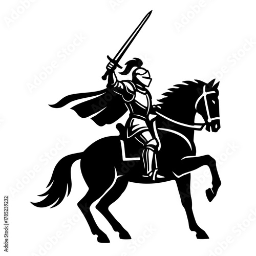 Knight in shining armor riding horse with sword raised on white background