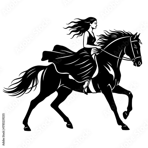 Lady riding galloping horse in flowy dress on isolated white background
