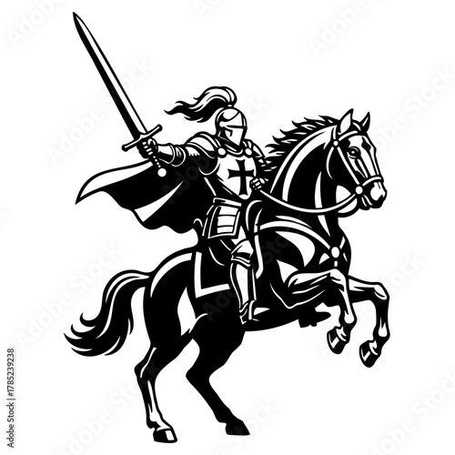 Strong knight rides rearing horse with sword on isolated white background