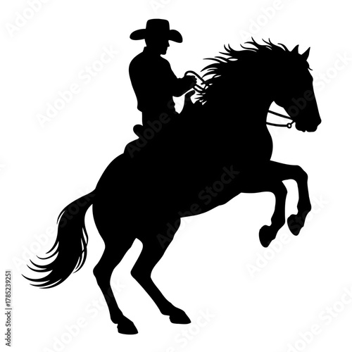 Silhouette of cowboy riding horse black and white western art rearing stallion