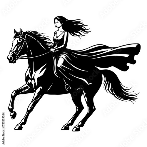 Silhouette of woman riding horse vector art of equestrian female on steed