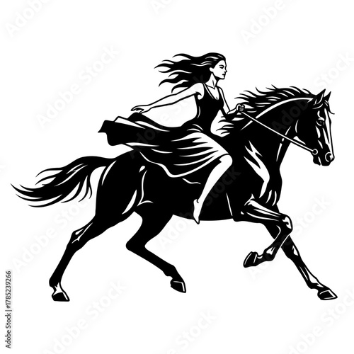 Silhouette of woman riding horse vector art of equestrian female galloping