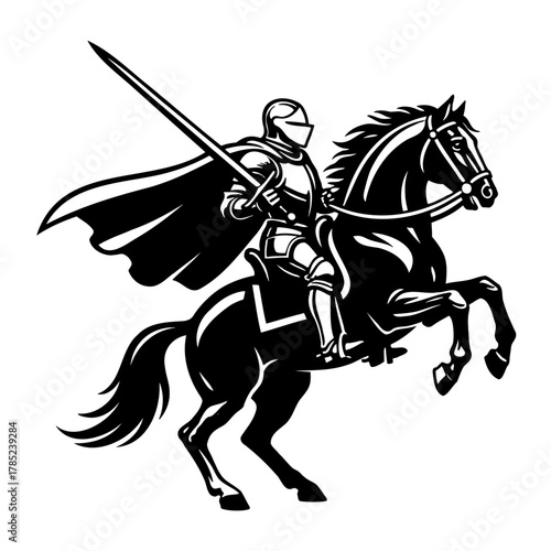 Brave armored knight on horseback raising sword in battle black and white art