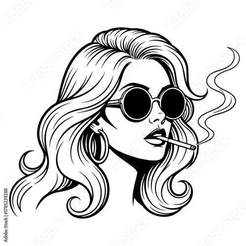 Stylish woman in sunglasses smoking cigarette elegant line art illustration