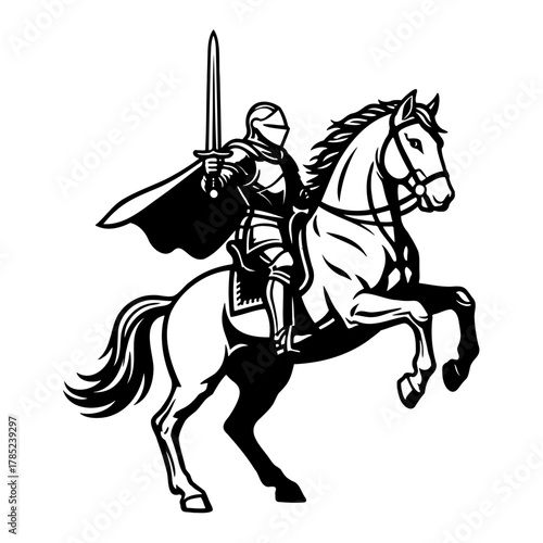 Brave knight on horseback with sword raised ready for battle illustration