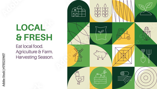 Local Farming Line Geometrical Poster. Modern Vector Banner Illustration Farm Landscape. Line Art Design. Organic Natural Fresh Harvest. Rural Outline Agricultural Concept For Sustainable Food 