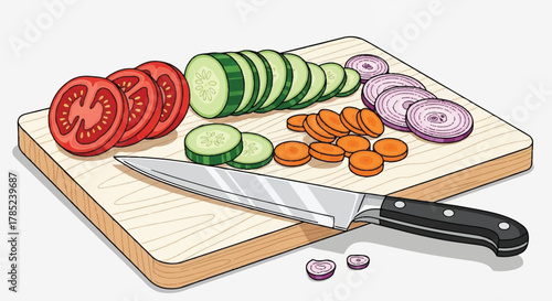 Vibrant, freshly sliced vegetables tomatoes, cucumbers, carrots, and red onions arranged on a cutting board with a knife, ready for healthy meal preparation