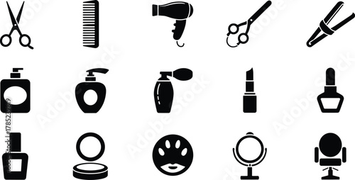 Beauty and Grooming Icons – Minimalist Black Symbols for Hair Styling, Cosmetics, and Salon UI Design