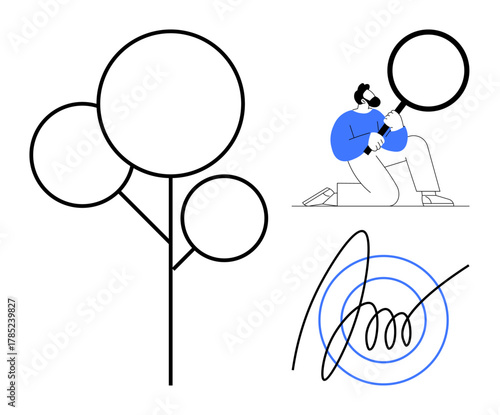 Abstract tree, person with magnifying glass inspecting, and signature circle art. Ideal for research, growth, creativity, analysis, innovation decision-making education. Simple flat metaphor