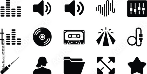 Audio and Media Interface Icons – Minimalist Black Symbols for Sound Tools, Playback, and UI Design