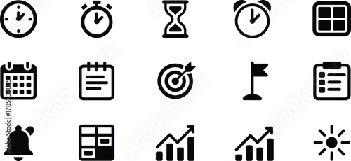 Productivity and Time Management Icons – Minimalist Black Symbols for Scheduling, Organization, and Performance UI Design