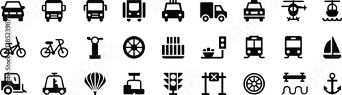 Transportation and Infrastructure Icons – Minimalist Black Symbols for Vehicles, Mobility, and Traffic UI Design