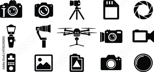 Photography and Videography Icons – Minimalist Black Symbols for Camera Gear, Media Production, and UI Design