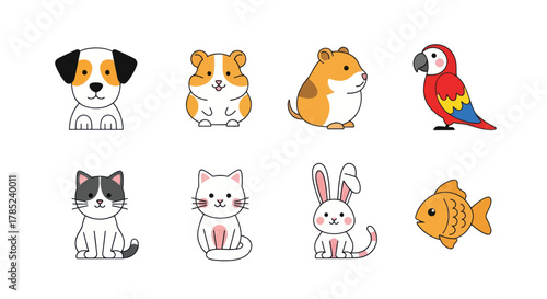 Cartoon animals illustration set dog hamster parrot cat rabbit fish